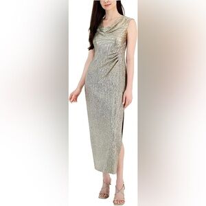 Connected Apparel Womens Petites Metallic Cowl Neck Evening Dress Gold